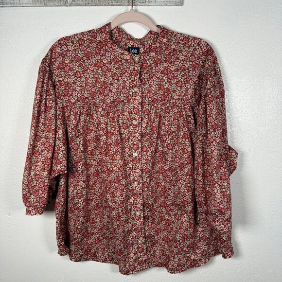 Lee Womens Floral Roses Button-Up Blouse Large 3/4 Sleeves Cotton Cottage Modest - Picture 1 of 9